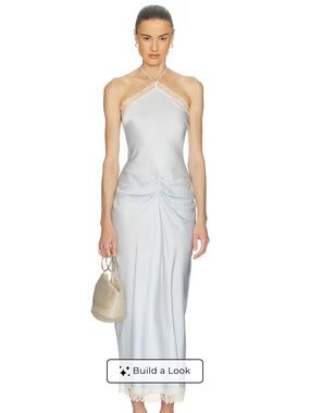 NWT Helsa Viscose Satin Dress With Lace Halter Midi Maxi Slip Gown Baby Blue